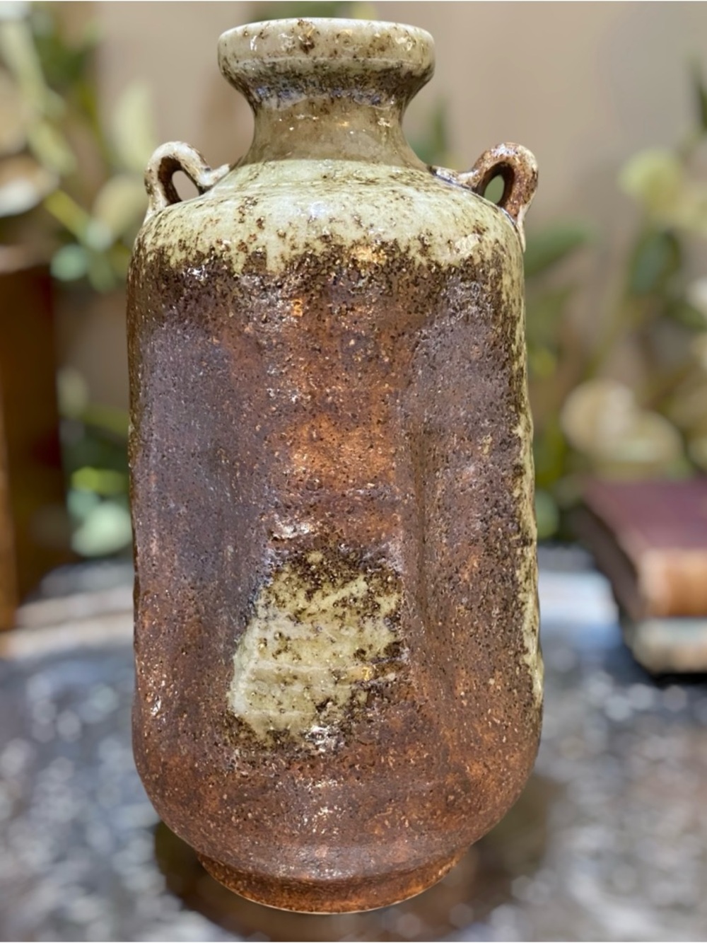 Vintage Mid Century Toyo Japanese Japan Glazed Pottery Vase Handled Brown Tan